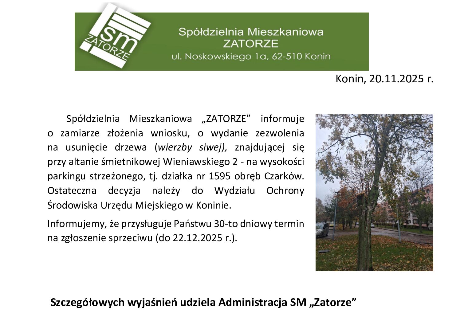 INFORMACJA O ZAMIARZE ZŁOŻENIA WNIOSKU O USUNIĘCIE DRZEWA