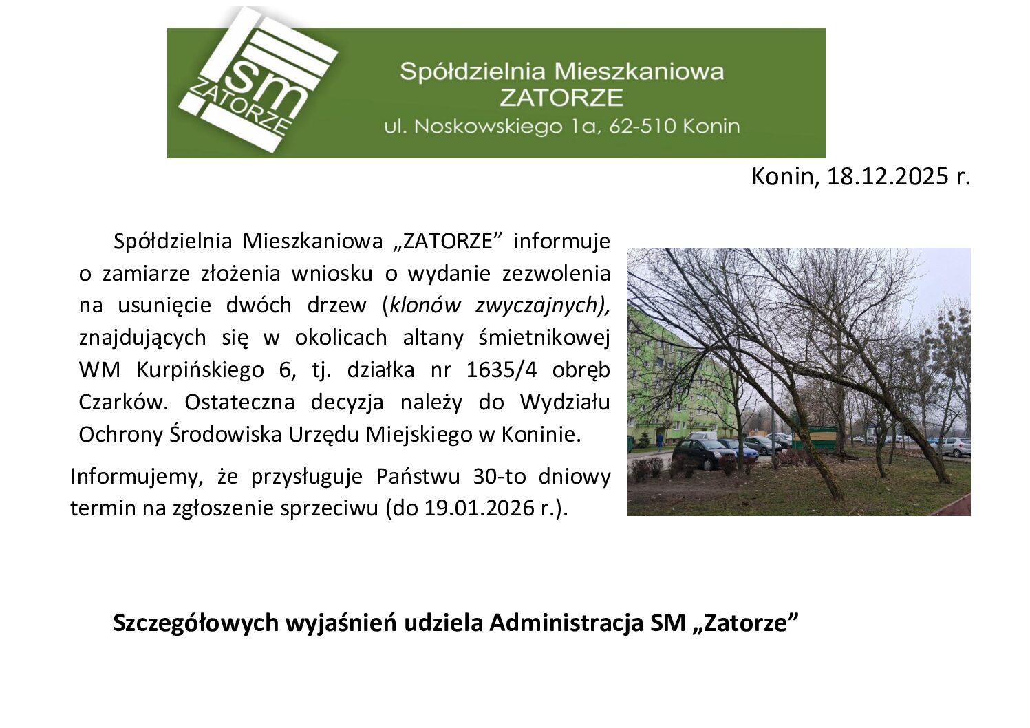 KOMUNIKAT – TEREN OGÓLNY SPÓŁDZIELNI