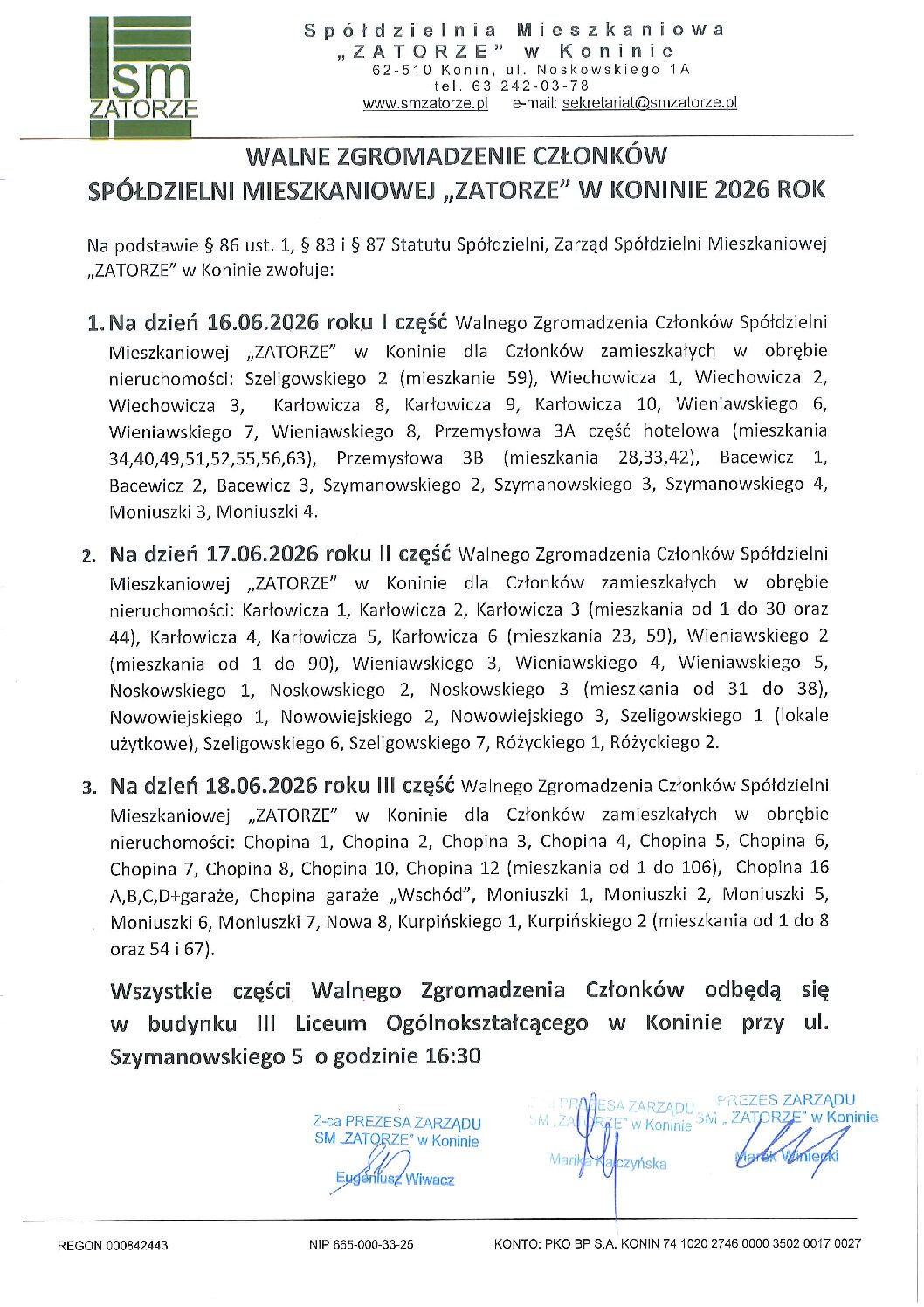 WALNE ZGROMADZENIE CZŁONKÓW SPÓŁDZIELNI MIESZKANIOWEJ ZATORZE 2026