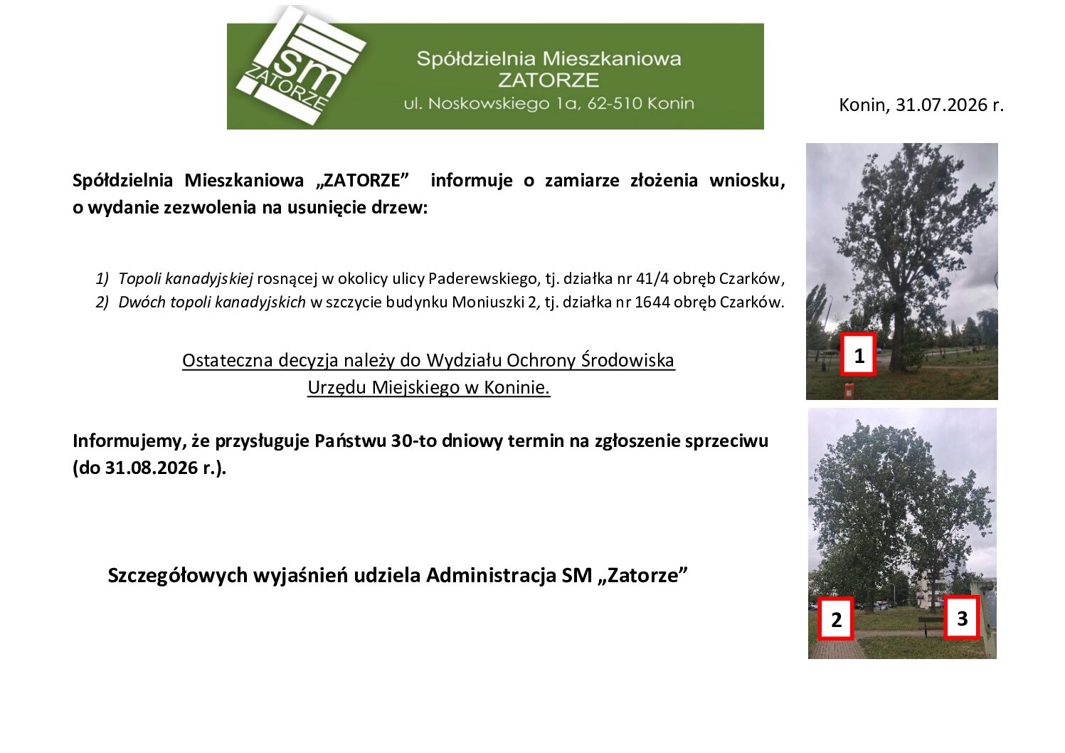 KOMUNIKAT – TEREN OGÓLNY SPÓŁDZIELNI