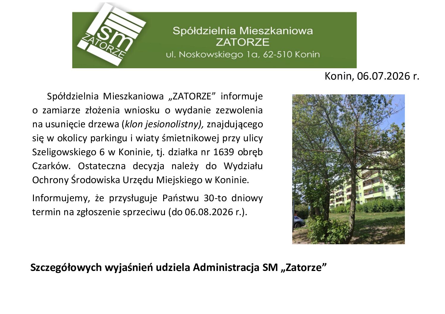 KOMUNIKAT – TEREN OGÓLNY SPÓŁDZIELNI