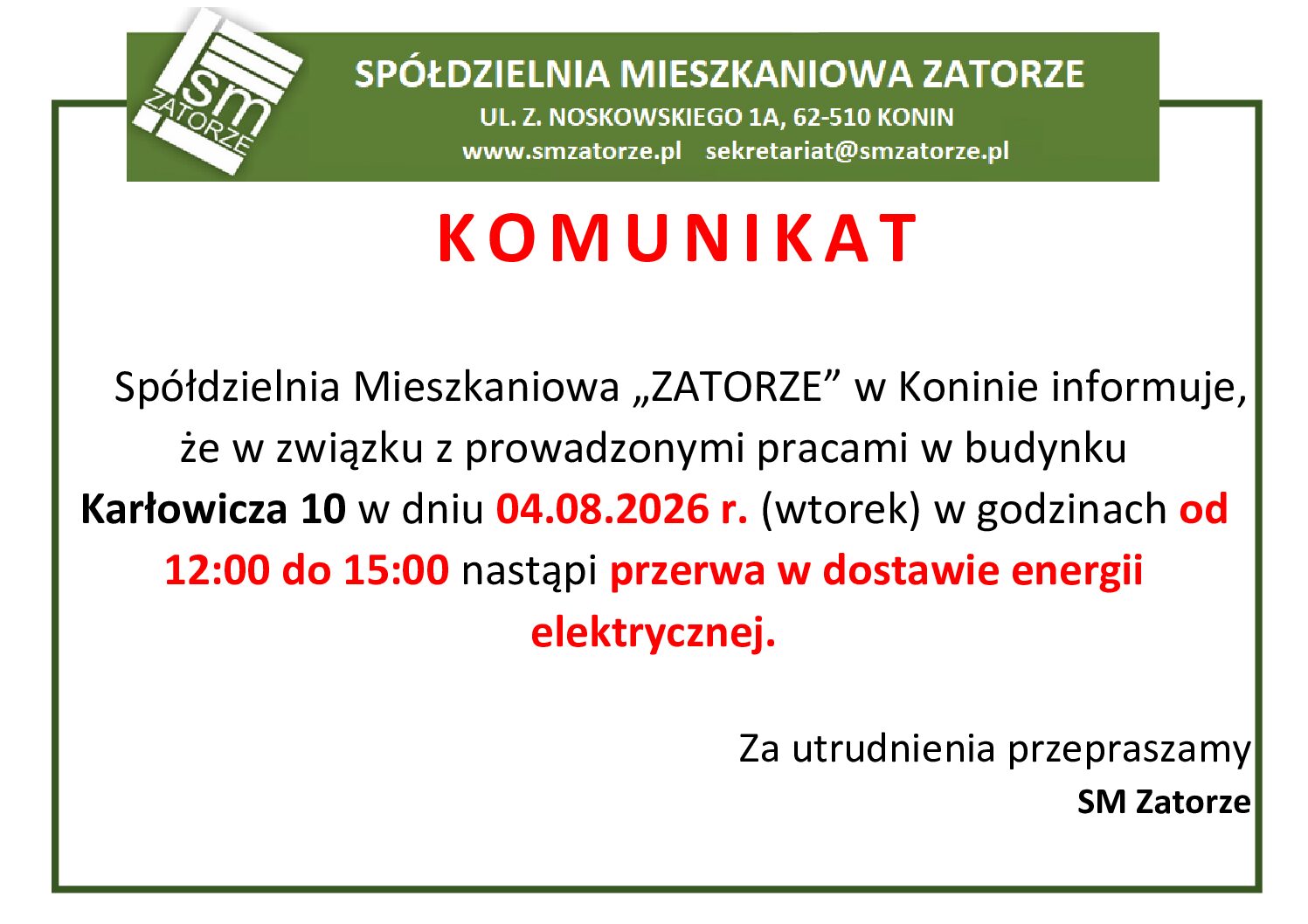 PRZERWA W DOSTAWIE ENERGII ELEKTRYCZNEJ W BUDYNKU KARŁOWICZA 10