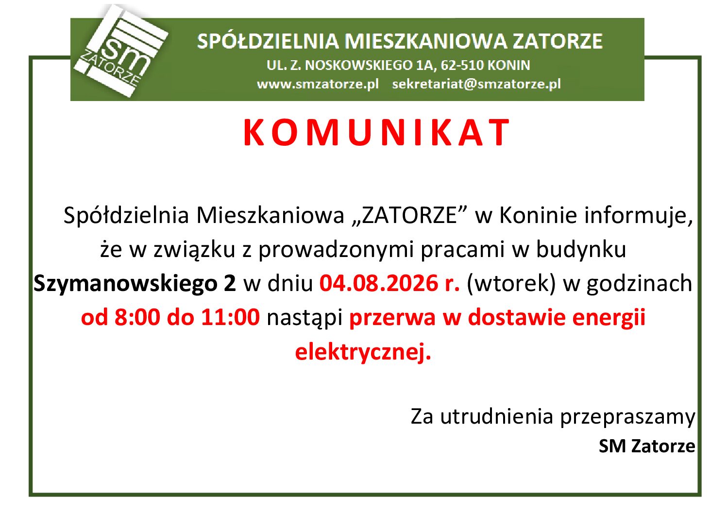 PRZERWA W DOSTAWIE ENERGII ELEKTRYCZNEJ W BUDYNKU SZYMANOWSKIEGO 2